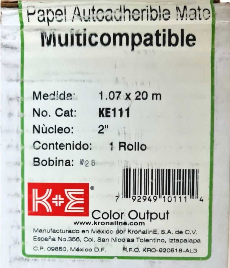 Papel Autoadherible Rollo Premiun K+E N/2" Mate 1.07×20m KronalinE® KE111 [Rollo]