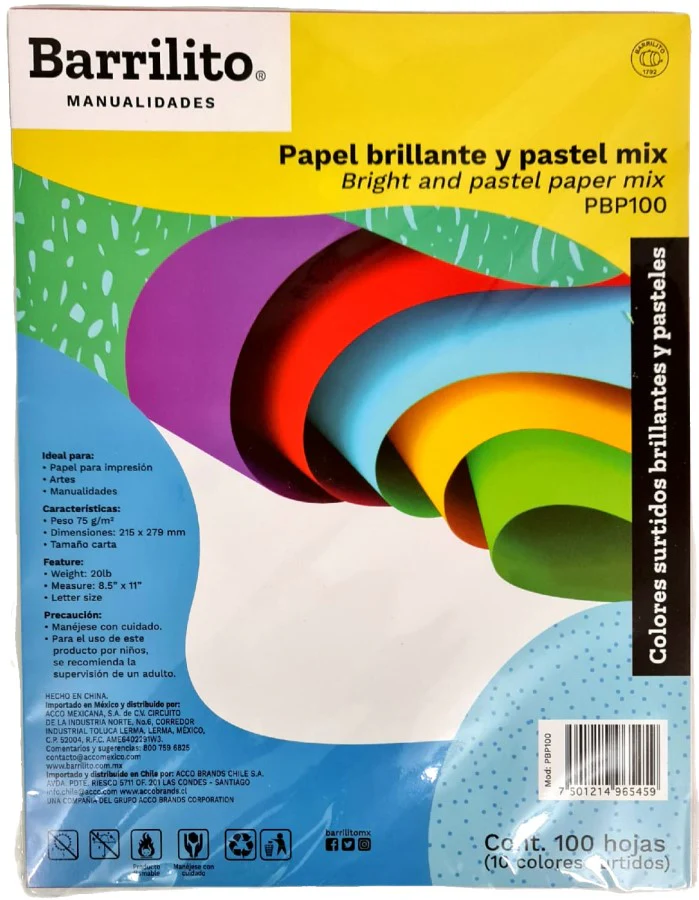 Papel Bond Color Colores (10) Carta 75g Barrilito® [Cien hojas]
