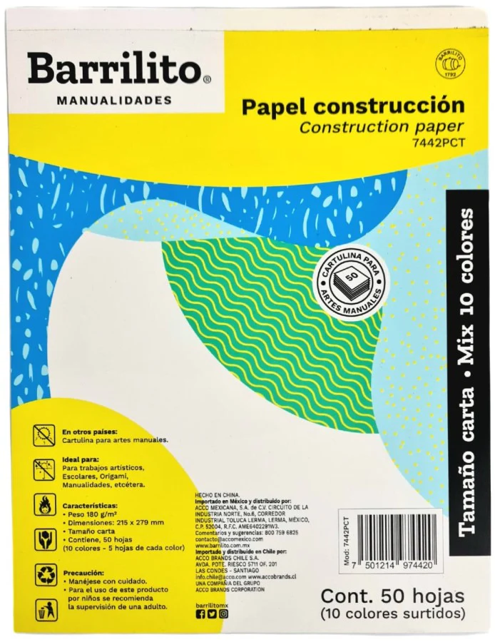 Papel Construpack 50Hjs Colores (10) Carta 180g Barrilito® 7442PCT [Bloque]