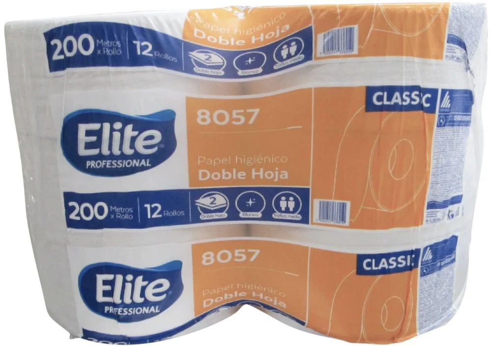 Papel Higiénico Jr. Hoja Doble c/12 Rollos 200m×8.8cm Elite® 8057 [Bolsa]
