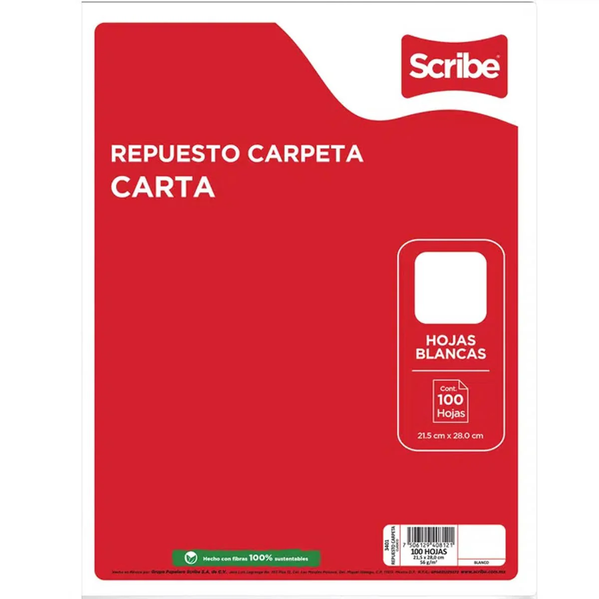 Papel p/Carpeta 100 hojas Carta 3 perforaciones Scribe® [Paquete]