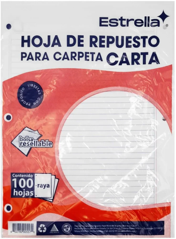 Papel p/Carpeta Carta 3 perforaciones 100 hojas Raya Estrella® 557 [Paquete]