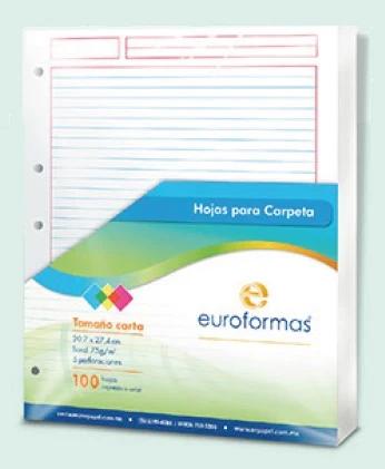 Papel p/Carpeta Carta 3 perforaciones 100 hojas Raya euroformas® RA0268 [Paquete]