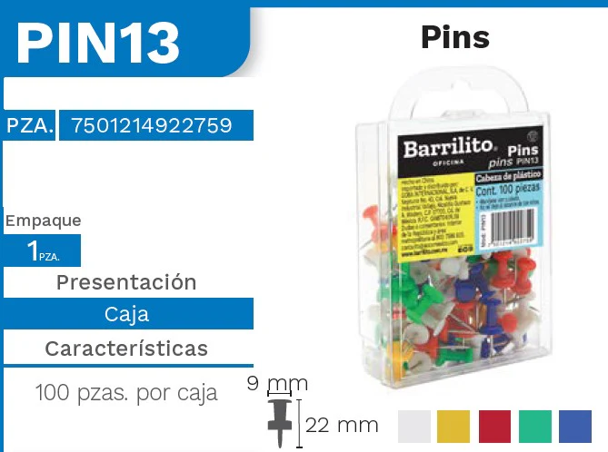 Pines c/Cabeza de Plástico Colore (5) Caja c/100 Barrilito® PIN13 [Caja]
