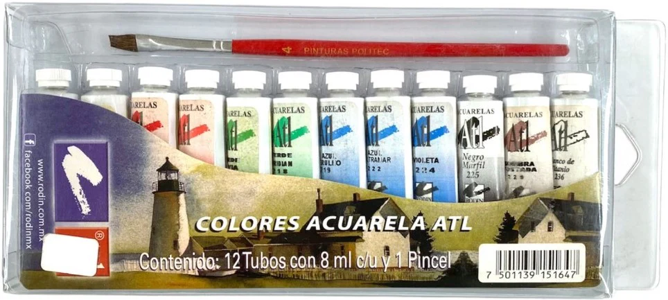 Pintura Acuarela Estuche c/Pincel 8ml Colores c/12 tubos Atl® [Estuche]