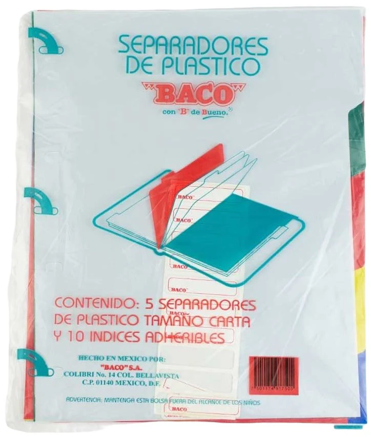 Separador Hojas p/Carpeta  c/5  Colores  Plástico Baco® [Bolsa de plástico]
