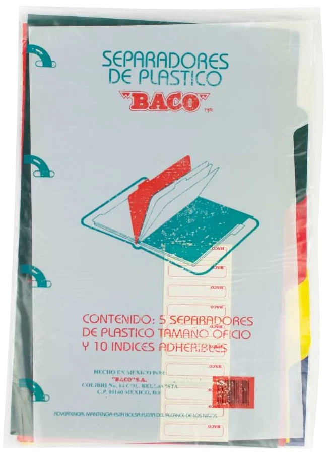 Separador Hojas p/Carpeta  c/5  Colores  Plástico Baco® [Bolsa de plástico] - Image 2