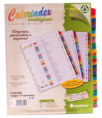Separador Hojas p/Carpeta c/Índice 1-31 c/31 Blanco colorTap Carta Irasa® 6210 [Bolsa de plástico]