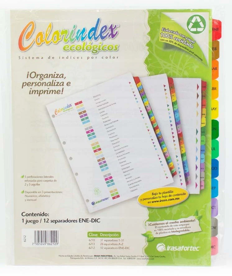 Separador Hojas p/Carpeta c/Índice Meses Ene-Dic c/12 Blanco colorTap Carta Irasa® 6212 [Bolsa de plástico]
