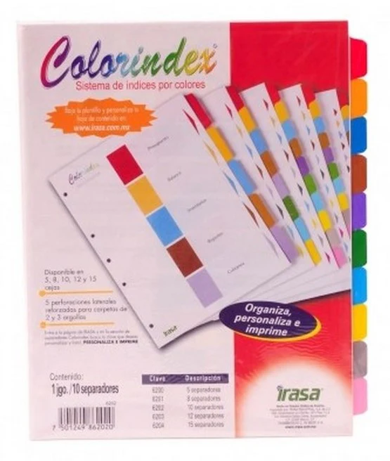 Separador Hojas p/Carpeta Coloríndex c/Indice 1-10 c/10 Blanco colorTap Carta Irasa® IN6202 [Bolsa de plástico]