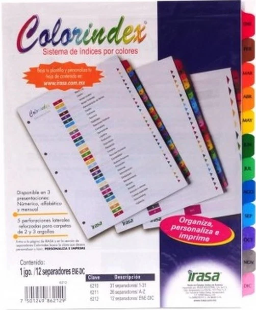 Separador Hojas p/Carpeta Coloríndex Meses Ene-Dic c/12 Blanco colorTap Carta Irasa® IN6203 [Bolsa de plástico]