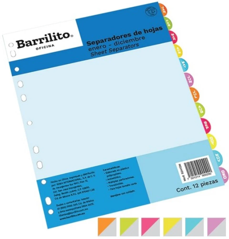 Separador Hojas p/Carpeta Mesesl Ene-Dic c/12 Carta Barrilito® SDH12M [Bolsa de plástico]