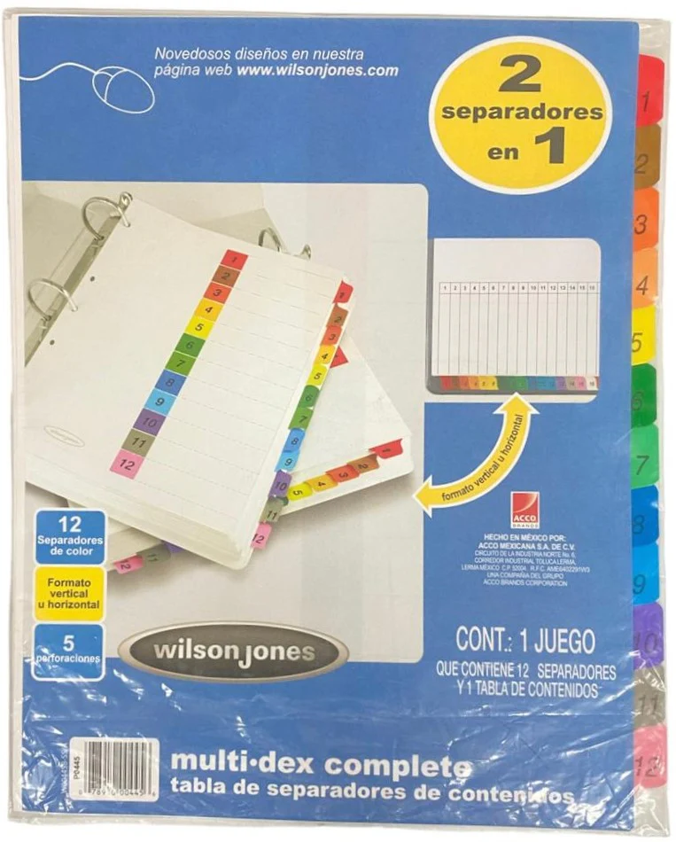 Separador Hojas p/Carpeta Multidex c/Indice 1-12 c/12 Blanco colorTap Carta ACCO® P0445 [Bolsa de plástico]