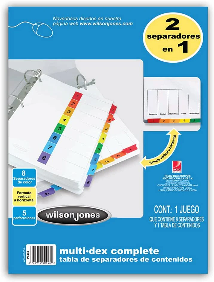 Separador Hojas p/Carpeta Multidex c/Indice Num.1-8 c/8 Blanco colorTap Carta Wilson Jones® P0443 [Bolsa de plástico]
