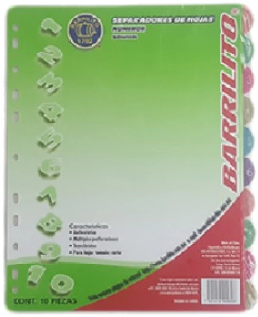Separador Hojas p/Carpeta Numérico 1-10 c/10 Transp.colorTap Carta Barrilito® SDH10N [Bolsa de plástico]