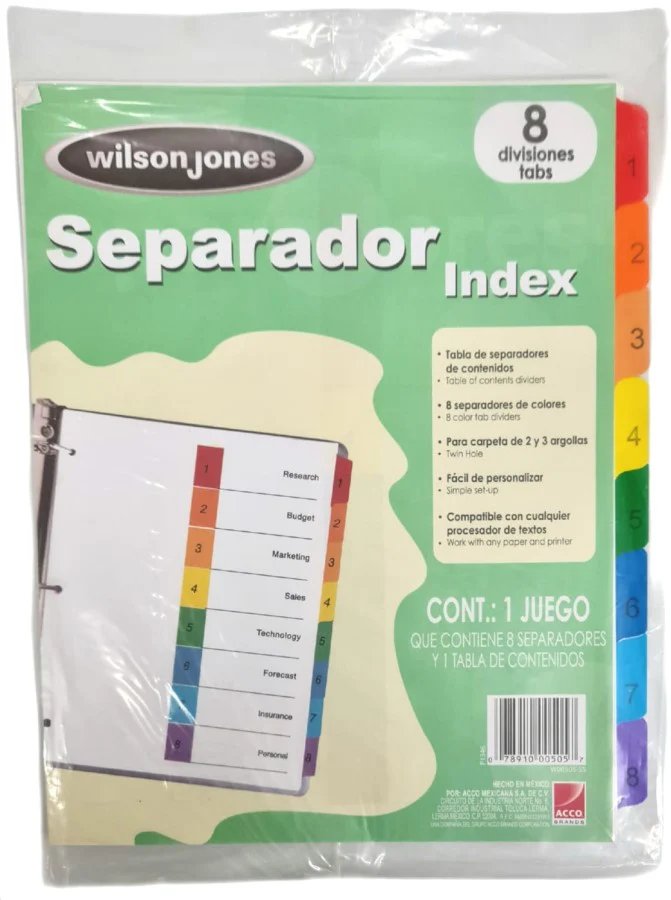 Separador Hojas p/Carpeta Papel c/Indice 1-8 c/8 Blanco colorTap Carta Wilson Jones® P1346 [Bolsa de plástico]