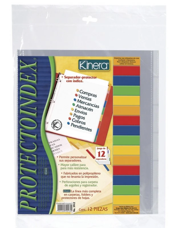 Separador Hojas p/Carpeta Protecto c/Indice c/12 Transparente Carta Kinera® 3912 [Bolsa de plástico]