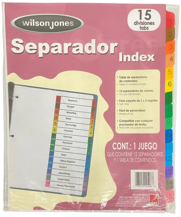 Separador Hojas p/Carpeta WilsonJones c/Indice 1-15 c/15 Blanco colorTap Carta ACCO® P1365 [Bolsa de plástico]