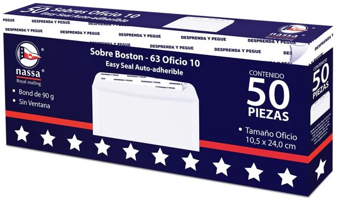 Sobre Autoadherible Boston caja c/50 63kg Blanco Bond Oficio 10 Nassa® HA0239