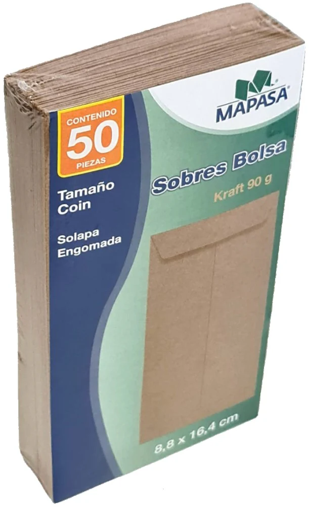 Sobre Bolsa Coin Solapa Engomada pack/50 60kg Kraft 8.8×16.4cm Mapasa® IM0191 [Paquete]