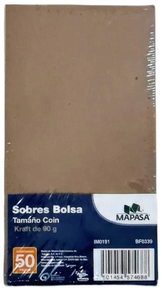 Sobre Bolsa Coin Solapa Engomada pack/50 60kg Kraft 8.8×16.4cm Mapasa® IM0191 [Paquete] - Image 2