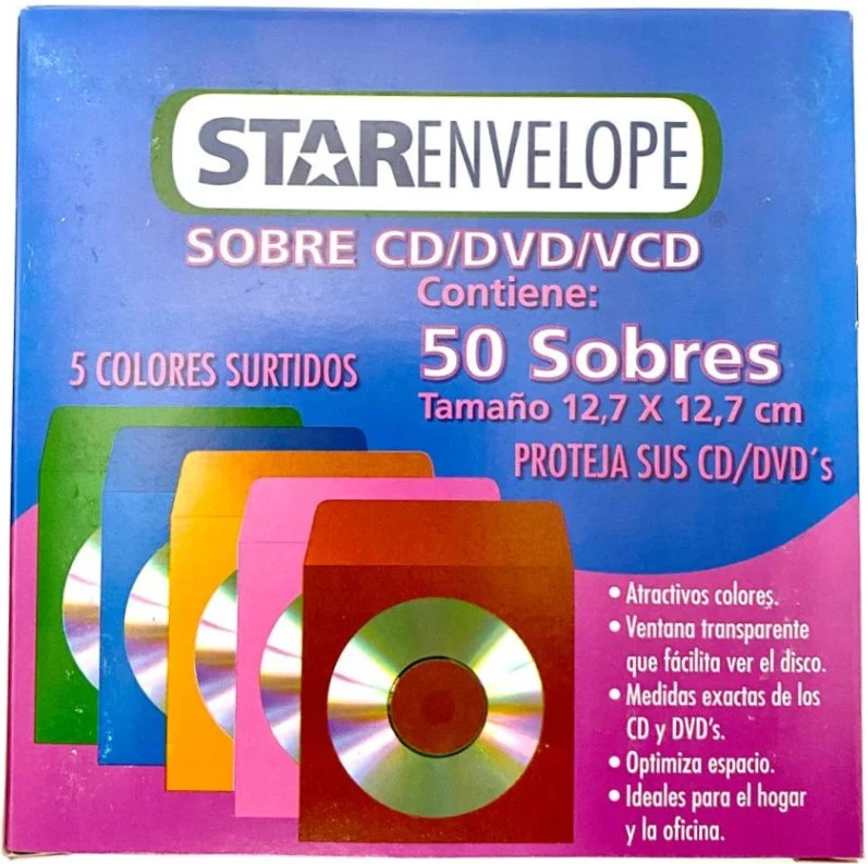 Sobre Bolsa para CD/DVD c/Venta caja c/50 60kg Colores 12.7×12.7 STARfile® HA0148