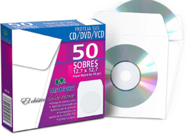 Sobre Bolsa para CD/DVD c/Venta caja c/50 90g Blanco Bond 12.7×12.7 Mapasa® HA0126