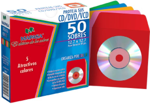Sobre Bolsa para CD/DVD c/Venta caja c/50 90g Colores(5) 12.7×12.7 Mapasa® HA0147