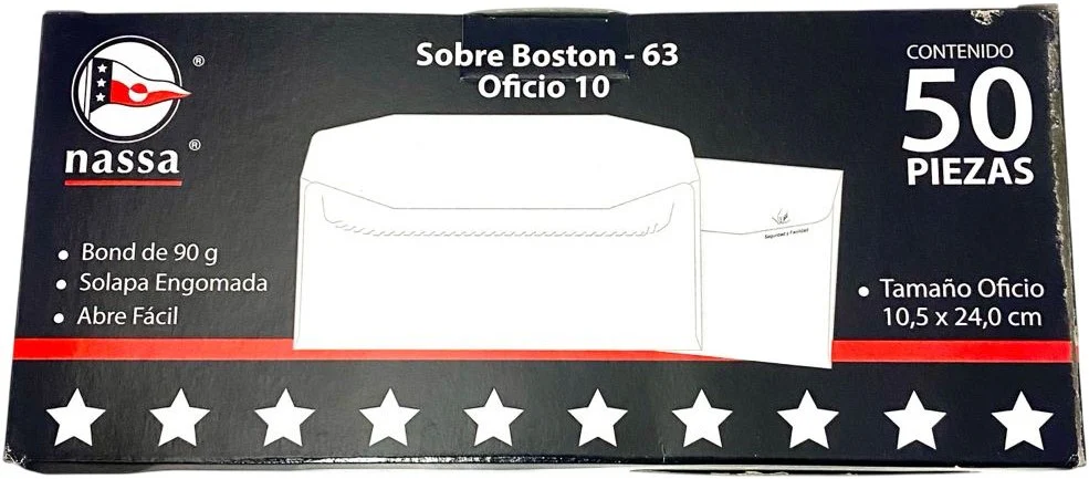 Sobre Boston caja c/50 63kg Blanco Bond Oficio 10 Nassa® HA0207