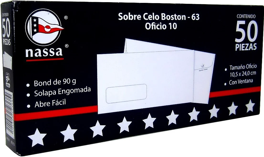 Sobre c/Ventana Celo-Boston pack c/50 63kg Blanco Bond Oficio 10 Nassa® HA0205 [Caja]