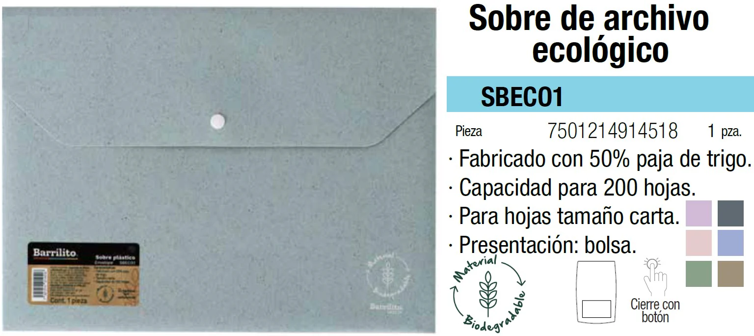Sobre p/DocumentoPlástico Horizontal c/Broche Colores Ecologi Carta Barrilito® SBECO1 [Pieza]
