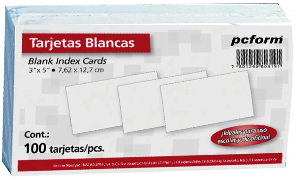 Tarjeta Índice Blanca pcform® c/100 Blanco 3×5" Irasa® 0319 [Paquete]