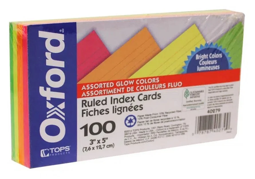 Tarjeta Índice Rayada  c/100 Colores Neón(4)  3×5" Oxford® [Paquete]
