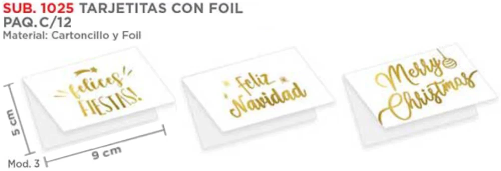 Tarjeta Navidad c/Foil  c/12  10×9cm plegable 3 lfrases surtid granmark® [Paquete]
