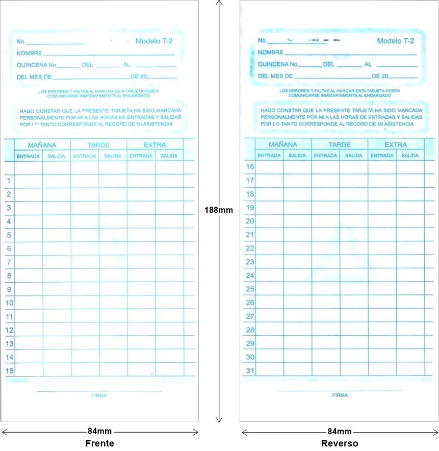 Tarjeta p/Reloj Checador T-2 Quincenal 188×84mm Amano® T-2 [Pieza]